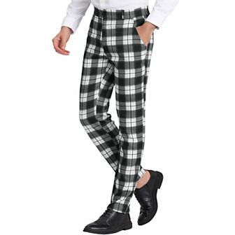 Mens Plaid Regular Fit Flat Front Classic Elastic Waist Suit Pants