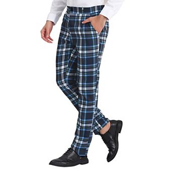 Mens Plaid Regular Fit Flat Front Classic Elastic Waist Suit Pants