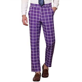 Mens Plaid Regular Fit Flat Front Classic Elastic Waist Suit Pants