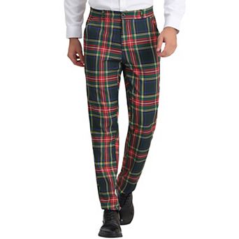 Mens Plaid Regular Fit Flat Front Classic Elastic Waist Suit Pants