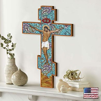 G.Debrekht Gold Plated Jesus Wooden Cross Wall Art by Museum Icons Inspirational Icon Decor - 88158