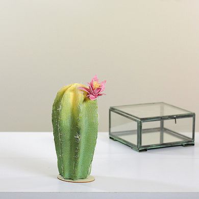8.5" Green and Yellow Cactus on Wooden Base with Flower