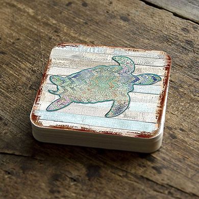 Sea Turtle Coastal Wooden Cork Coasters Gift Set of 4 by Nature Wonders