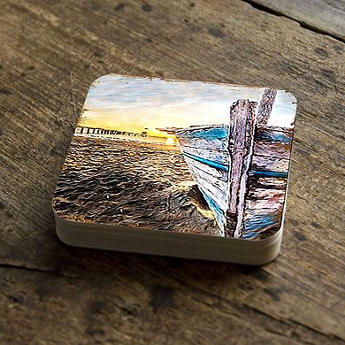 Beach Boat Coastal Wooden Cork Coasters Gift Set of 4 by Nature Wonders