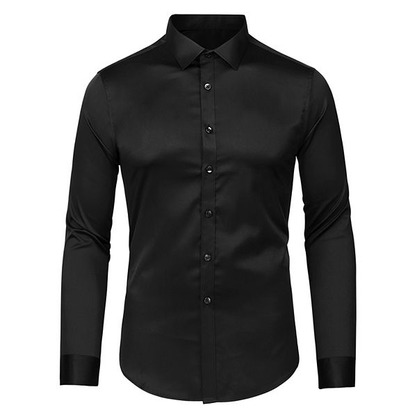 Men's Solid Long Sleeve Shirts Button Down Point Collar Slim Fit Dress