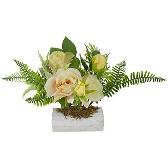 13" Ranunculus and Rose Floral Spring Wooden Statue Tabletop Decor