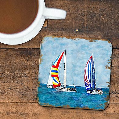 Sailboats Coastal Wooden Cork Coasters Gift Set of 4 by Nature Wonders