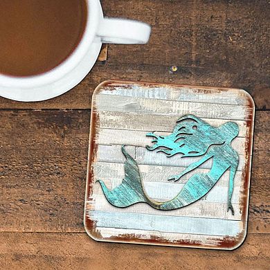 Mermaid Coastal Wooden Cork Coasters Gift Set of 4 by Nature Wonders