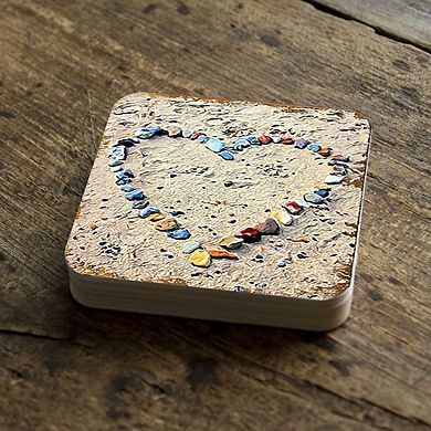 Heart Beach Art Coastal Wooden Cork Coasters Gift Set of 4 by Nature Wonders