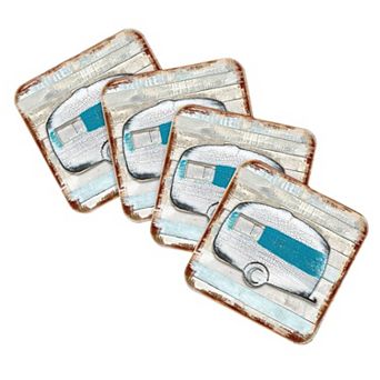 Woodsy Camper Wooden Cork Coasters Gift Set of 4 by Nature Wonders