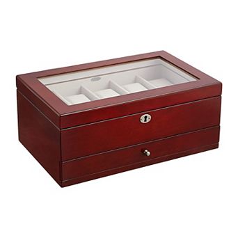 Mele and Co Christo Men's Glass Top Wooden Watch Box in Walnut Finish