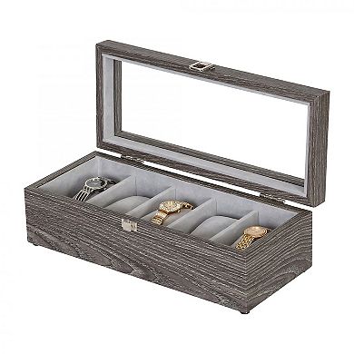 Mele and Co Nolan Wooden Glass Top Watch Storage Box in Gray Woodgrain Finish
