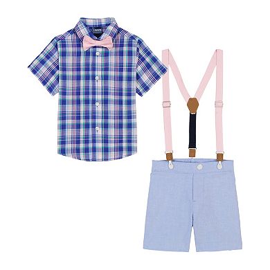 Toddler Boy IZOD Gingham Short Sleeve Button-Down Shirt, Woven Shorts, Suspenders, & Bowtie Set