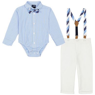 Baby Boy IZOD 4-piece Long Sleeve Gingham Shirt Bodysuit, Suspenders, Bowtie & Pants Set