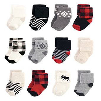 Hudson Baby Infant Boy Cotton Rich Newborn and Terry Socks, Buffalo Plaid Moose