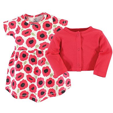 Touched by Nature Baby and Toddler Girl Organic Cotton Dress and Cardigan 2pc Set, Poppy