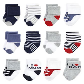 Hudson Baby Infant Boy Cotton Rich Newborn and Terry Socks, Mom Dad Boy Navy Red