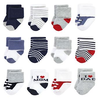 Hudson Baby Infant Boy Cotton Rich Newborn and Terry Socks, Mom Dad Boy Navy Red, 0-6 Months