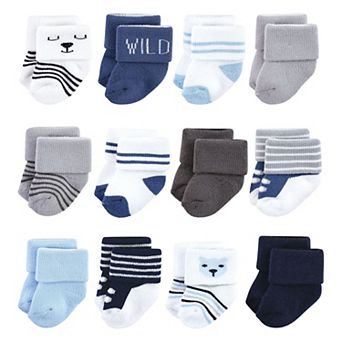 Hudson Baby Infant Boy Cotton Rich Newborn and Terry Socks, Bear Boy 12 pk 0-6 Months