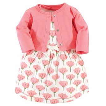 Touched by Nature Baby and Toddler Girl Organic Cotton Dress and Cardigan 2 pc Set, Tulip, 6-9 Months