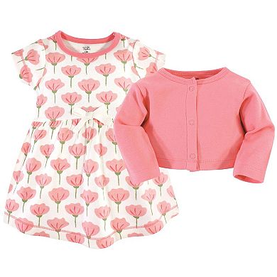 Touched by Nature Baby and Toddler Girl Organic Cotton Dress and Cardigan 2pc Set, Tulip, 6-9 Months