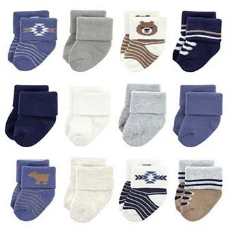 Hudson Baby Infant Boy Cotton Rich Newborn and Terry Socks, Bear 12-Pack