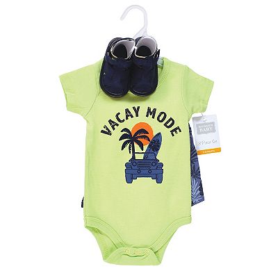 Hudson Baby Infant Boy Cotton Bodysuit, Shorts and Shoe Set, Vacay Mode