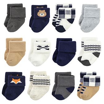 Hudson Baby Infant Boy Cotton Rich Newborn and Terry Socks, Forest 12-Pack