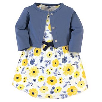 Touched by Nature Baby and Toddler Girl Organic Cotton Dress and Cardigan 2 pc Set, Yellow Garden