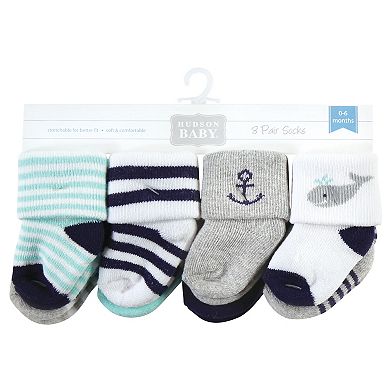 Hudson Baby Infant Boy Cotton Rich Newborn and Terry Socks, Mint Whale