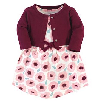 Touched by Nature Baby and Toddler Girl Organic Cotton Dress and Cardigan 2 pc Set, Blush Blossom