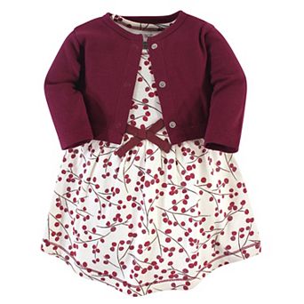 Touched by Nature Baby and Toddler Girl Organic Cotton Dress and Cardigan 2 pc Set, Berry Branch