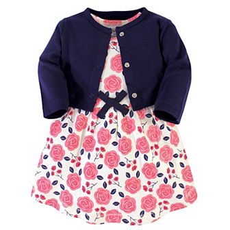 Touched by Nature Baby and Toddler Girl Organic Cotton Dress and Cardigan 2 pc Set, Coral Rose