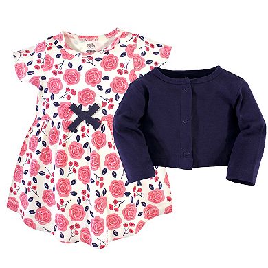 Touched by Nature Baby and Toddler Girl Organic Cotton Dress and Cardigan 2pc Set, Coral Rose