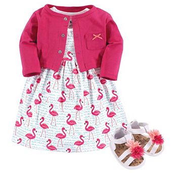 Hudson Baby Infant Girl Cotton Dress, Cardigan and Shoe 3 pc Set, Bright Flamingo