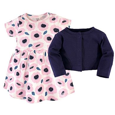Touched by Nature Baby and Toddler Girl Organic Cotton Dress and Cardigan 2pc Set, Blossoms