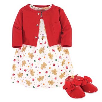 Hudson Baby Infant Girl Cotton Dress, Cardigan and Shoe 3 pc Layette Set, Sugar Spice