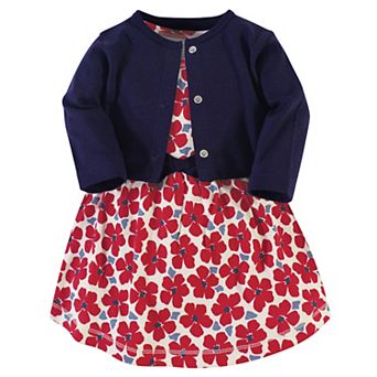 Touched by Nature Baby and Toddler Girl Organic Cotton Dress and Cardigan 2 pc Set, Red Flowers