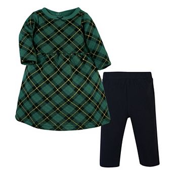 Hudson Baby Infant and Toddler Girl Quilted Cotton Dress and Leggings, Forest Green Plaid