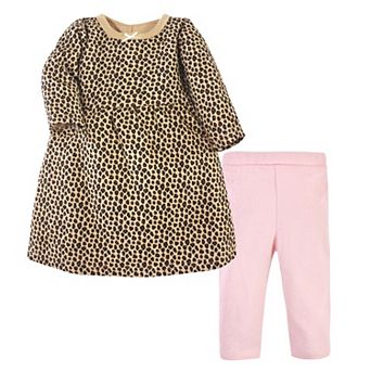 Hudson Baby Infant and Toddler Girl Quilted Cotton Long-Sleeve Dress and Leggings 2 pc Set, Leopard Pink
