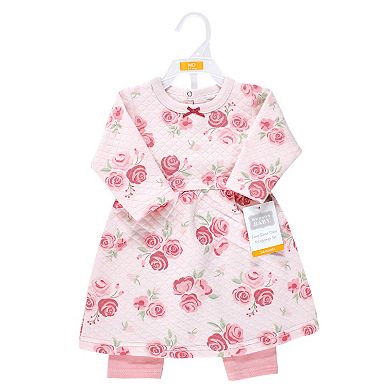 Hudson Baby Toddler Girl Quilted Cotton Dress and Leggings, Blush Rose