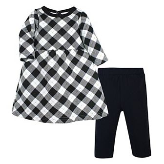 Hudson Baby Toddler Girl Quilted Cotton Dress and Leggings, Black Gold Plaid