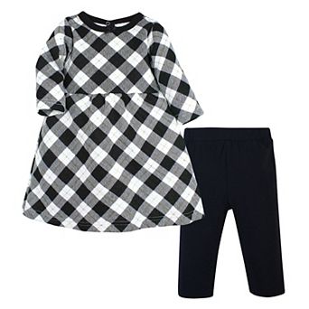 Hudson Baby Toddler Girl Quilted Cotton Dress and Leggings, Black Gold Plaid