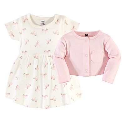Hudson Baby Infant and Toddler Girl Cotton Dress and Cardigan 2pc Set, Gold Unicorn