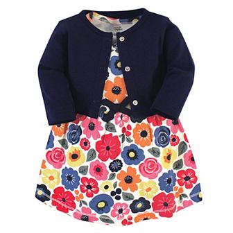 Touched by Nature Baby and Toddler Girl Organic Cotton Dress and Cardigan 2 pc Set, Bright Flower