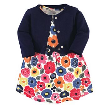 Touched by Nature Baby and Toddler Girl Organic Cotton Dress and Cardigan 2 pc Set, Bright Flower