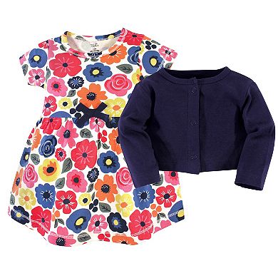 Touched by Nature Baby and Toddler Girl Organic Cotton Dress and Cardigan 2pc Set, Bright Flower