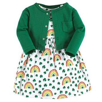 Hudson Baby Infant and Toddler Girl Cotton Dress and Cardigan Set, St Patricks Rainbow, 0-3 Months