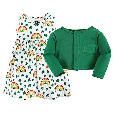Hudson Baby Infant and Toddler Girl Cotton Dress and Cardigan Set, St Patricks Rainbow