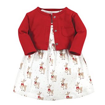 Hudson Baby Infant and Toddler Girl Cotton Dress and Cardigan Set, Fancy Rudolph